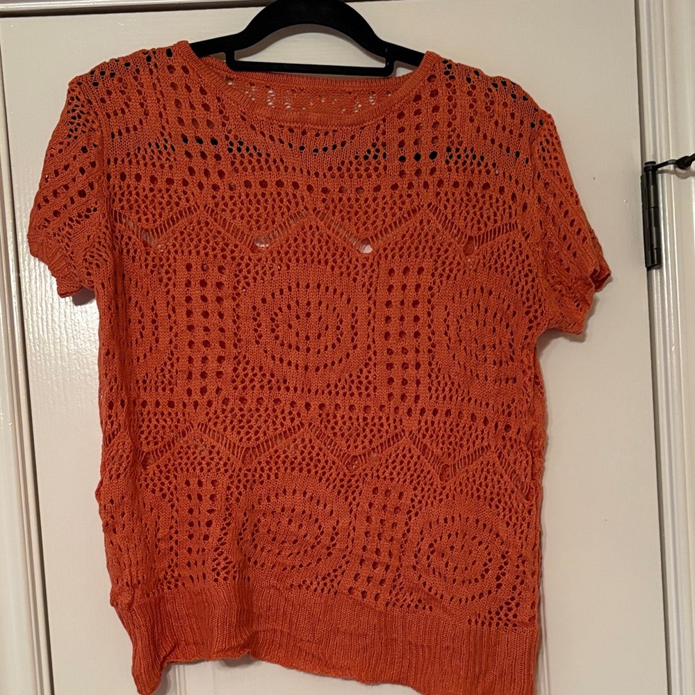 Chic Orange Crochet Short Sleeve Sweater